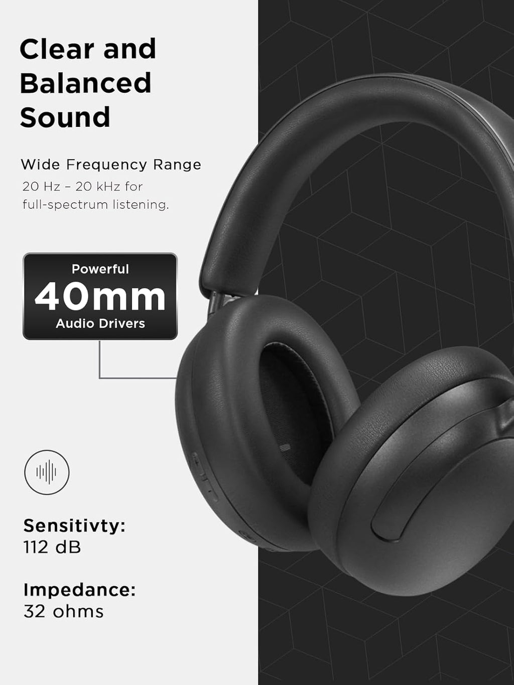 Wireless Over-Ear Bluetooth Headphones 2000 with 40mm Drivers, 110 Hours Battery Life, Dual Wired & Wireless Functionality, Fast Charging, Built-in Microphone, Closed-Back Design, Black